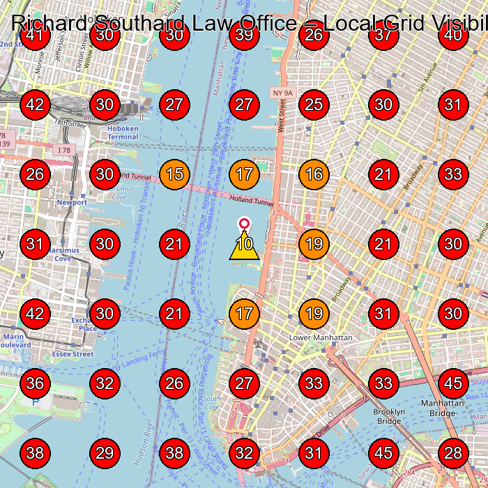 Richard Southard Law Office GeoGrid visibility map for Criminal Justice Attorney in New York